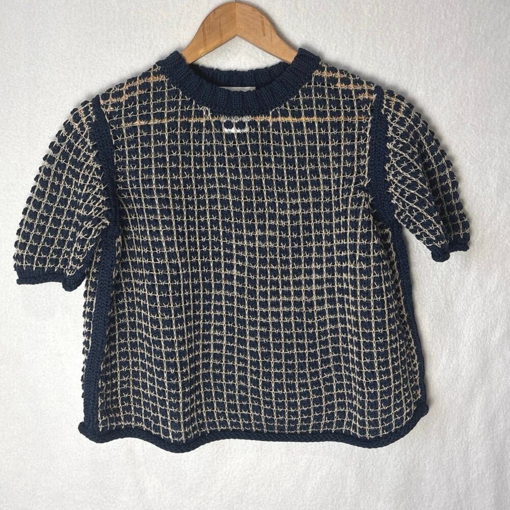 Lafayette 148 New York Navy Cotton Open Knit Mesh Short Sleeve Sweater